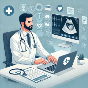 Online medical consultation with Dr. Abdallah Ismael via Zoom. The doctor, wearing a white coat, is discussing an x-ray or medical report with a patient on a laptop. The background features a clean medical setting with health icons