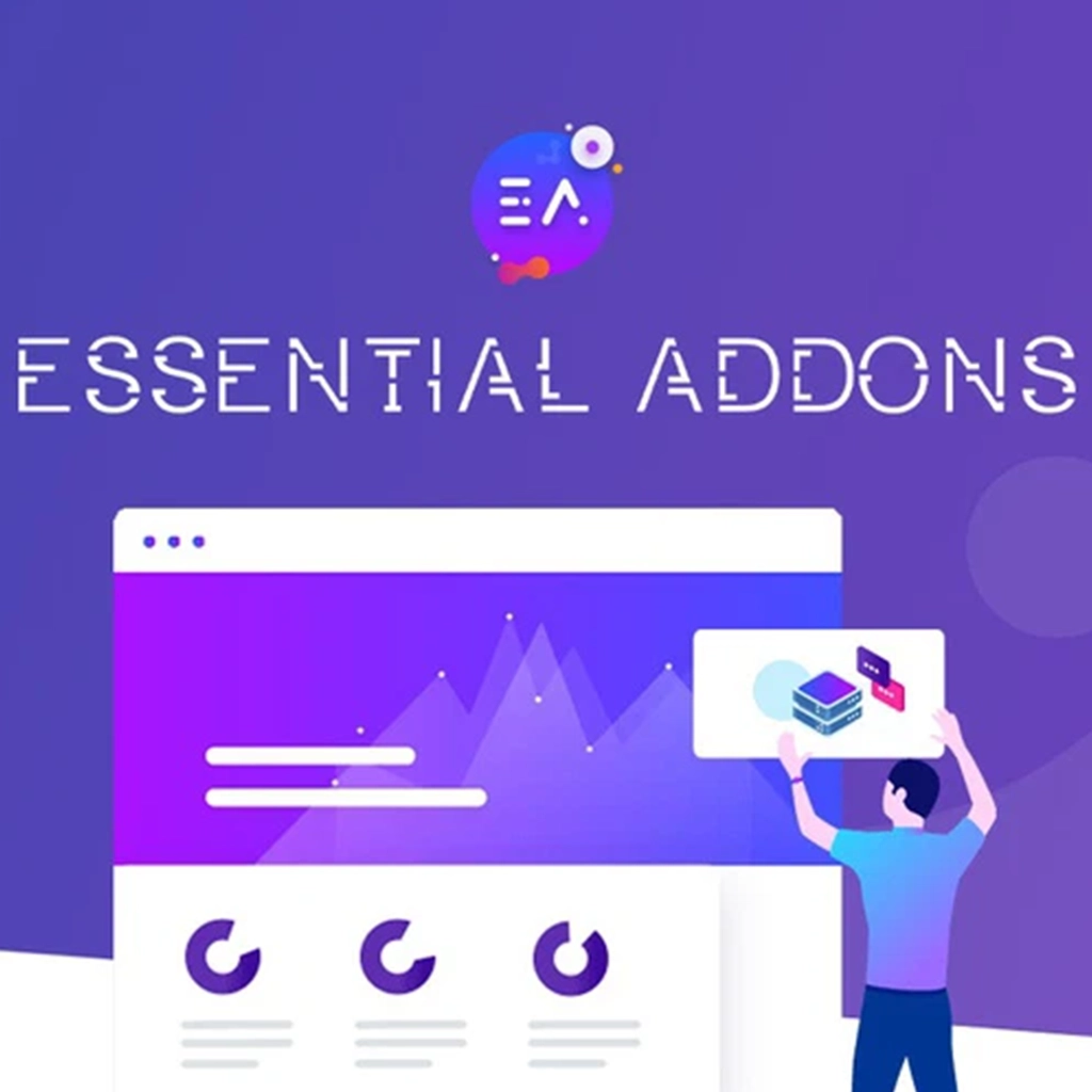 Essential Addons for Elementor interface showing widget library, template kits, and AI design tools